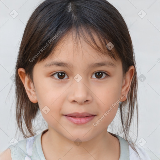 Joyful white child female with medium  brown hair and brown eyes