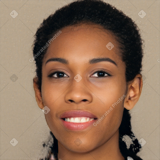 Joyful latino young-adult female with short  black hair and brown eyes