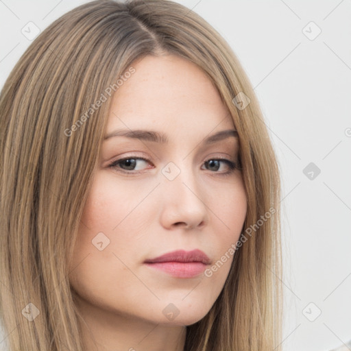 Neutral white young-adult female with long  brown hair and brown eyes