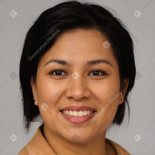 Joyful asian young-adult female with medium  brown hair and brown eyes