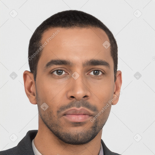 Neutral latino young-adult male with short  black hair and brown eyes