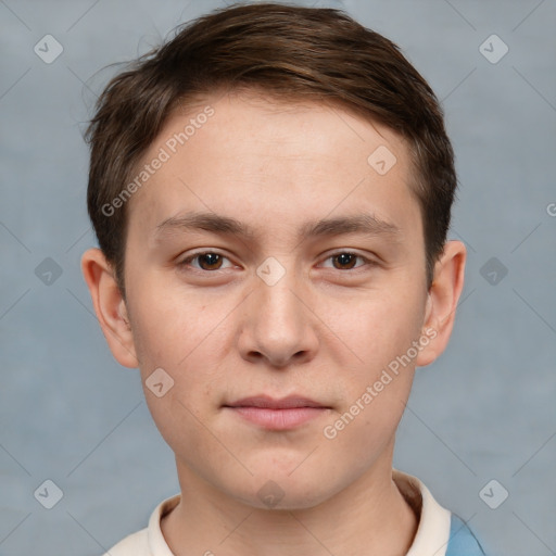 Neutral white young-adult male with short  brown hair and brown eyes