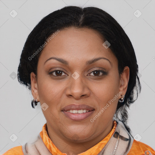 Joyful latino adult female with short  brown hair and brown eyes