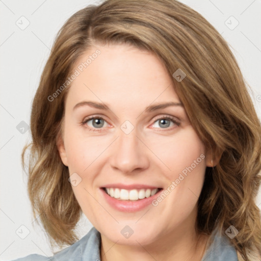 Joyful white young-adult female with medium  brown hair and green eyes