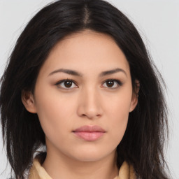 Neutral asian young-adult female with long  brown hair and brown eyes