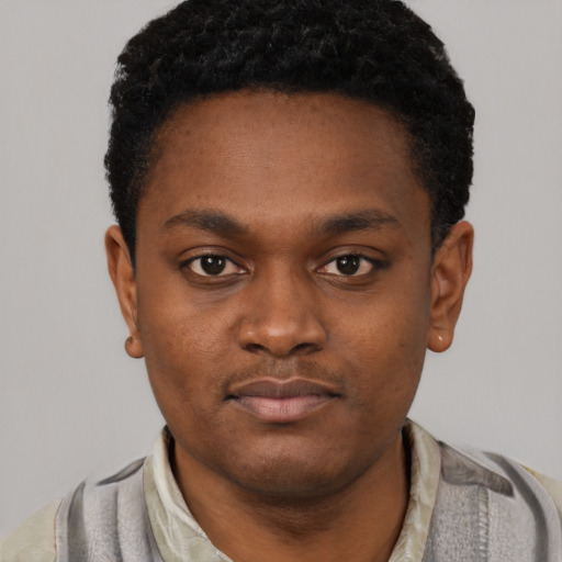 Neutral black young-adult male with short  black hair and brown eyes