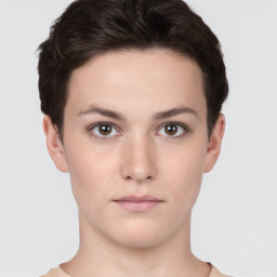 Neutral white young-adult female with short  brown hair and brown eyes