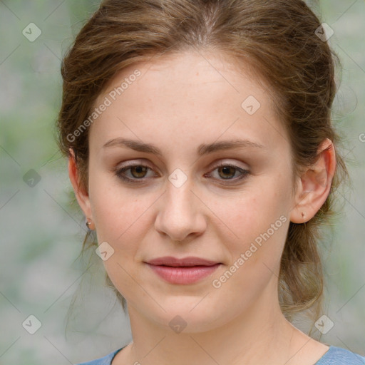 Joyful white young-adult female with medium  brown hair and green eyes