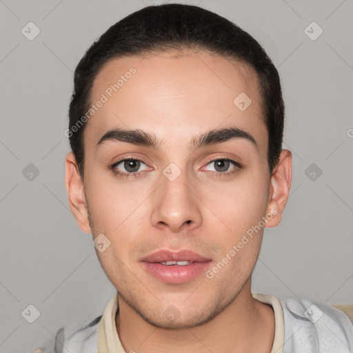 Joyful white young-adult male with short  black hair and brown eyes