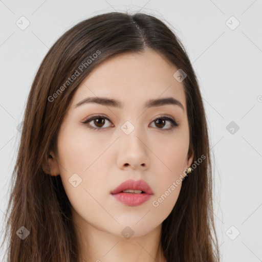 Neutral white young-adult female with long  brown hair and brown eyes