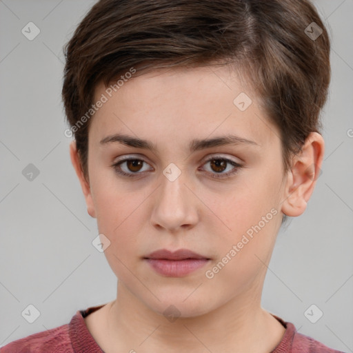 Neutral white young-adult female with short  brown hair and brown eyes