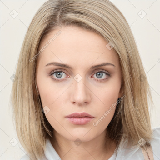 Neutral white young-adult female with medium  brown hair and blue eyes