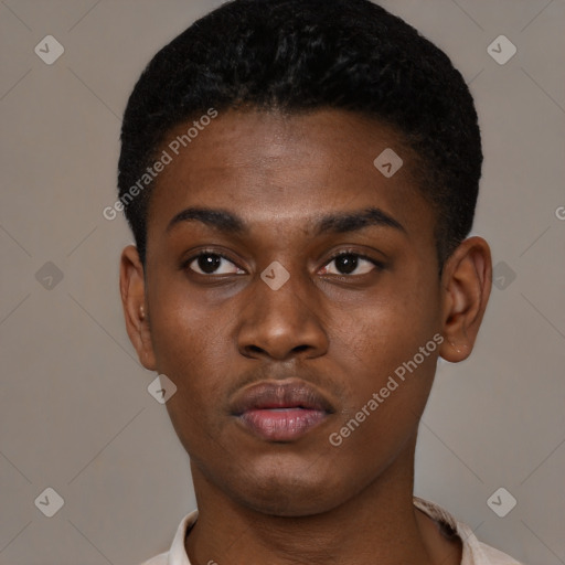 Neutral black young-adult male with short  black hair and brown eyes