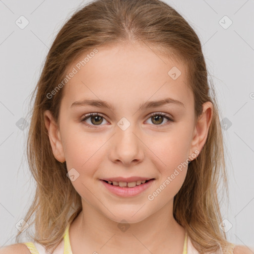 Joyful white child female with medium  brown hair and brown eyes