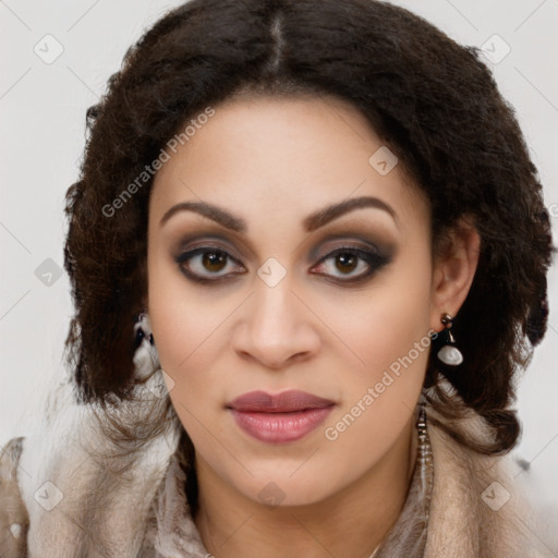 Joyful latino young-adult female with long  brown hair and brown eyes