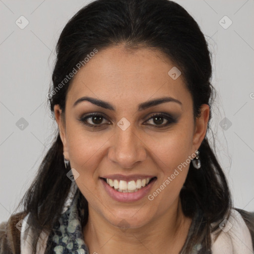 Joyful latino young-adult female with medium  brown hair and brown eyes