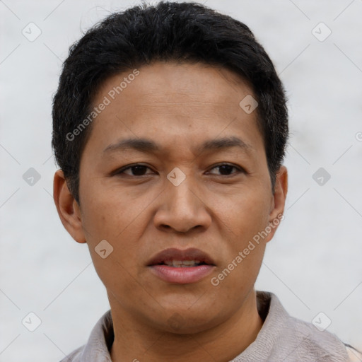 Joyful latino adult male with short  black hair and brown eyes