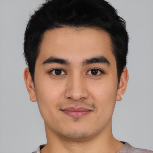 Joyful asian young-adult male with short  black hair and brown eyes