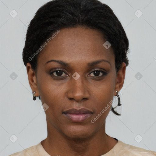 Neutral black young-adult female with short  black hair and brown eyes