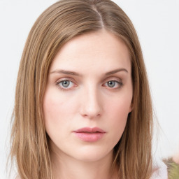 Neutral white young-adult female with long  brown hair and green eyes