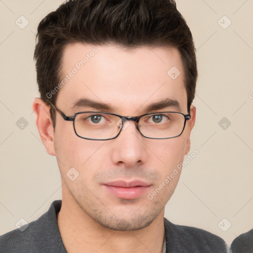 Neutral white young-adult male with short  brown hair and grey eyes