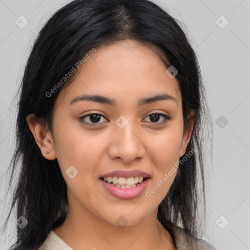 Joyful latino young-adult female with medium  brown hair and brown eyes