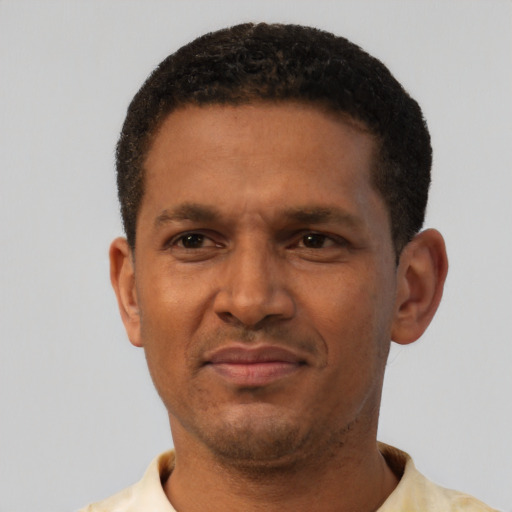 Neutral latino adult male with short  black hair and brown eyes