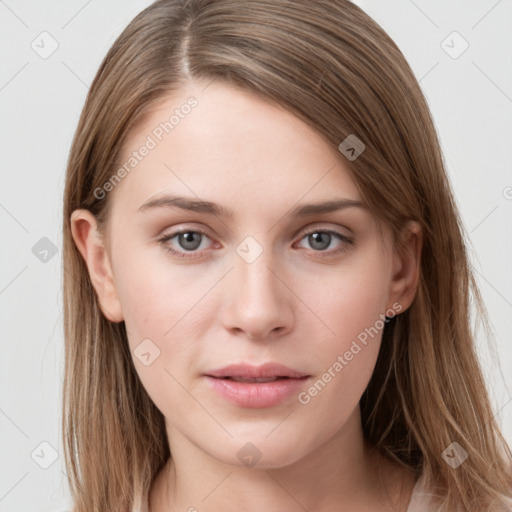 Neutral white young-adult female with long  brown hair and grey eyes