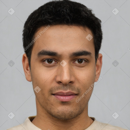 Neutral latino young-adult male with short  black hair and brown eyes