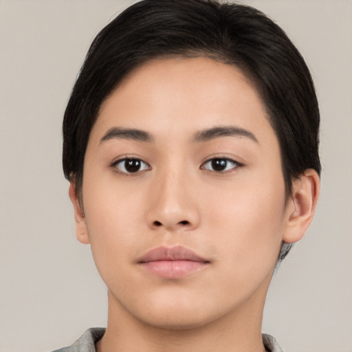 Neutral asian young-adult female with short  brown hair and brown eyes