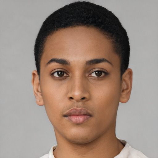 Neutral latino young-adult female with short  black hair and brown eyes