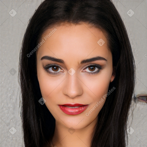 Joyful latino young-adult female with long  brown hair and brown eyes