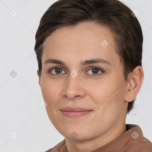 Joyful white young-adult female with short  brown hair and brown eyes