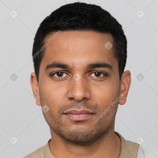 Neutral latino young-adult male with short  black hair and brown eyes