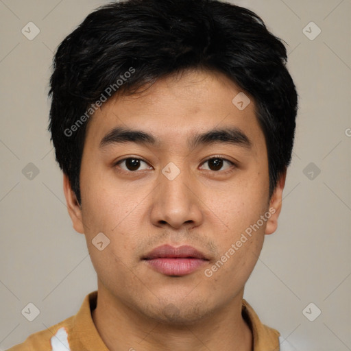 Neutral asian young-adult male with short  black hair and brown eyes