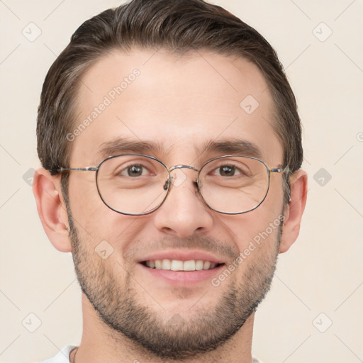 Joyful white adult male with short  brown hair and brown eyes