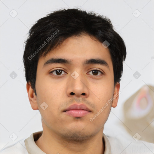 Neutral asian young-adult male with short  brown hair and brown eyes