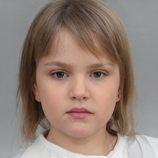 Neutral white child female with medium  brown hair and grey eyes