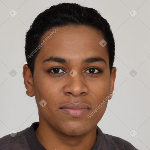 Neutral black young-adult male with short  black hair and brown eyes