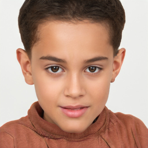 Joyful white child female with short  brown hair and brown eyes