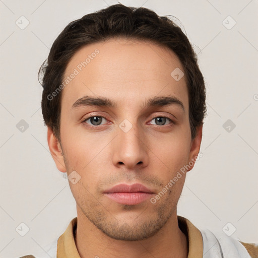 Neutral white young-adult male with short  brown hair and brown eyes