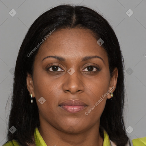 Joyful black young-adult female with medium  brown hair and brown eyes