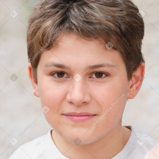 Joyful white child male with short  brown hair and brown eyes