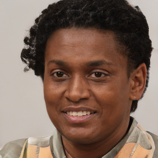 Joyful black young-adult male with short  brown hair and brown eyes