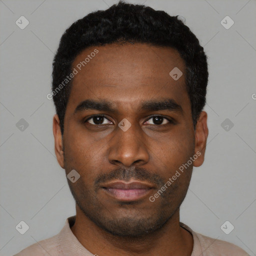 Neutral black young-adult male with short  black hair and brown eyes
