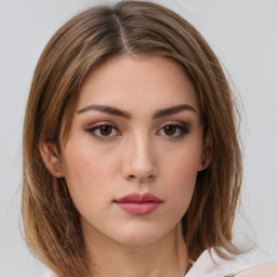 Neutral white young-adult female with medium  brown hair and brown eyes