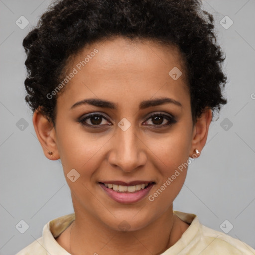 Joyful latino young-adult female with short  brown hair and brown eyes