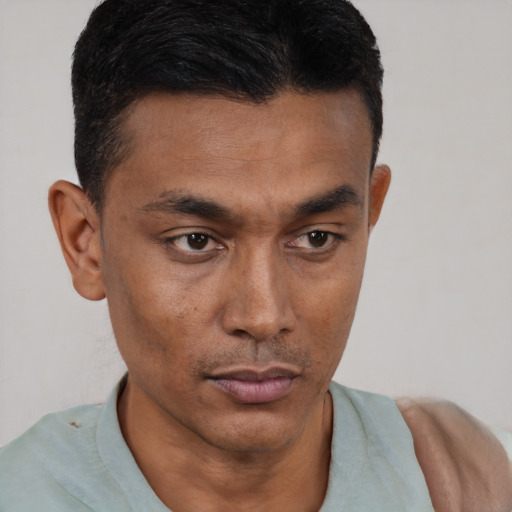 Neutral latino young-adult male with short  brown hair and brown eyes