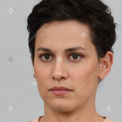 Neutral white young-adult female with short  brown hair and brown eyes