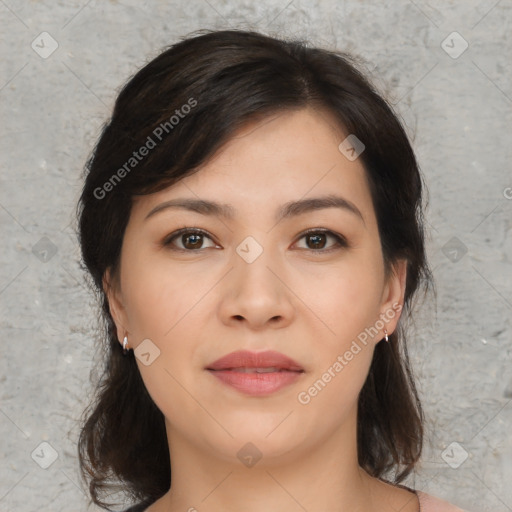 Neutral asian young-adult female with medium  brown hair and brown eyes